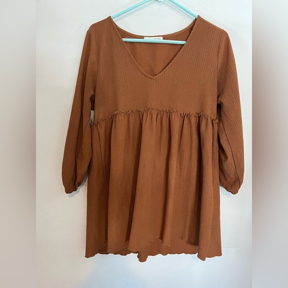 3/$20 Pull & Bear Brown V-Neck Babydoll Mini Dress Small - Picture 1 of 6